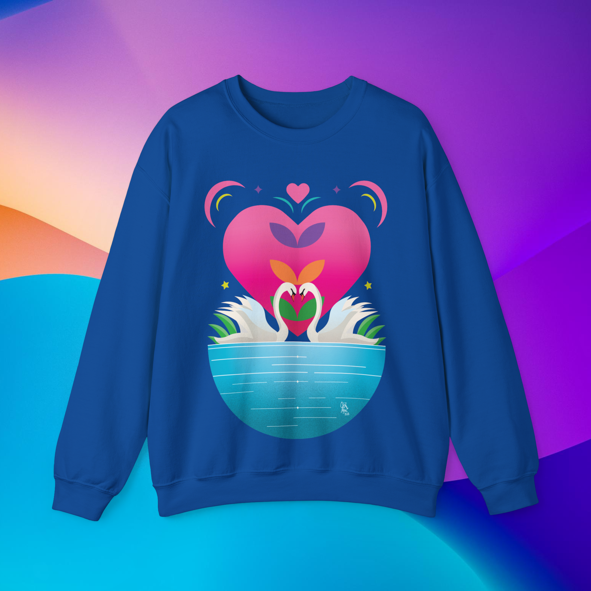 blue sweatshirt with a pink love swans design on it