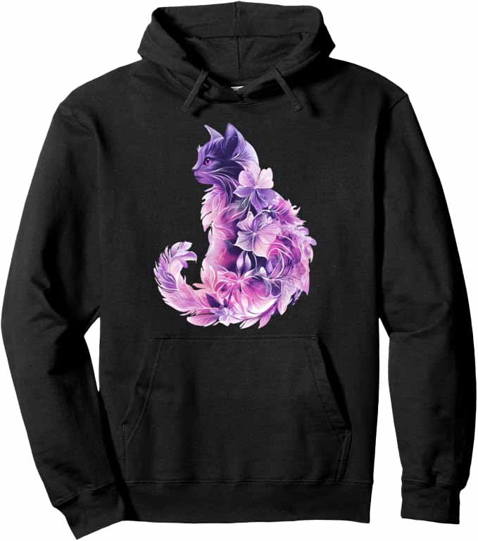 abstract illustrated purple and pink cat with flowers and feathers on a black hooded sweatshirt