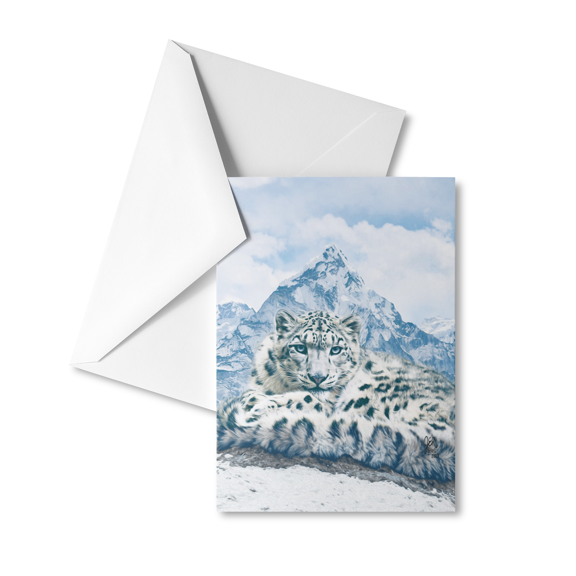 snow leopard over the mountain greeting card